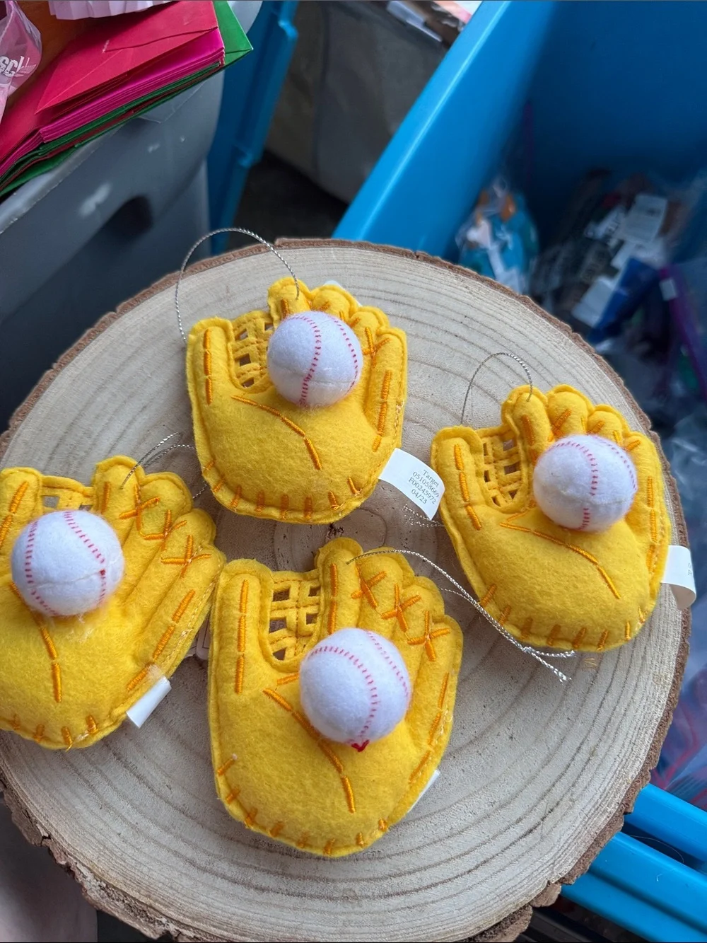 NWT set of 4 Yellow Felt Baseball Glove Ornaments with Mini Baseballs -